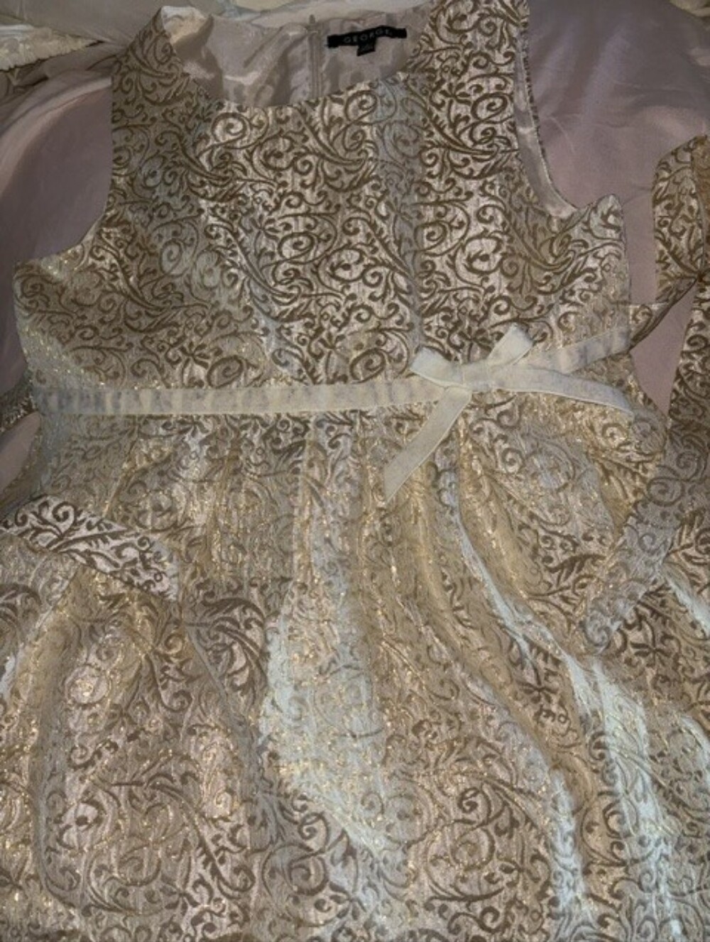 George Cream and Gold Brocade Party Dress with Bow